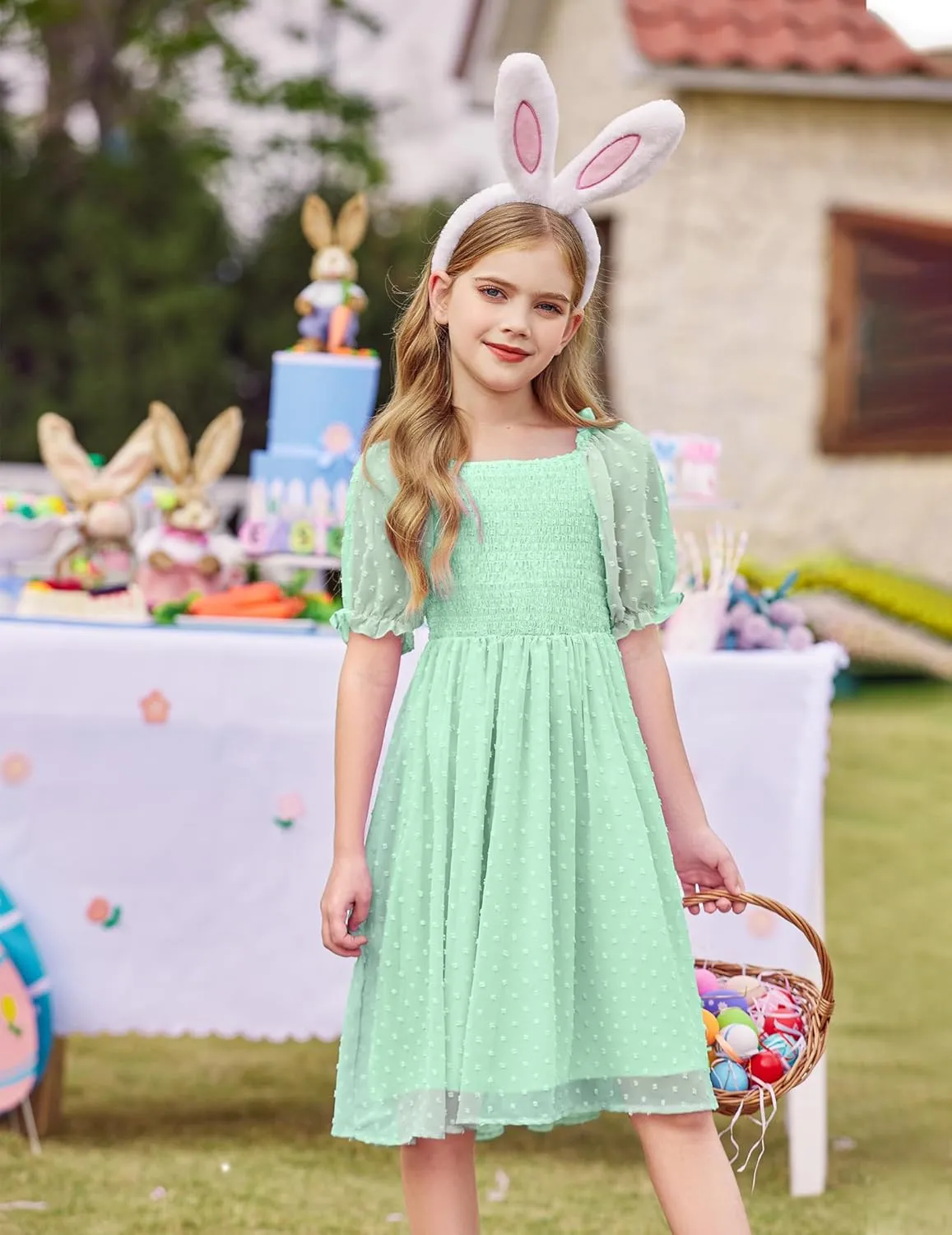 Arshiner Girls Swiss Dot Chiffon Dress Puffy Sleeve Flowy Midi Dresses