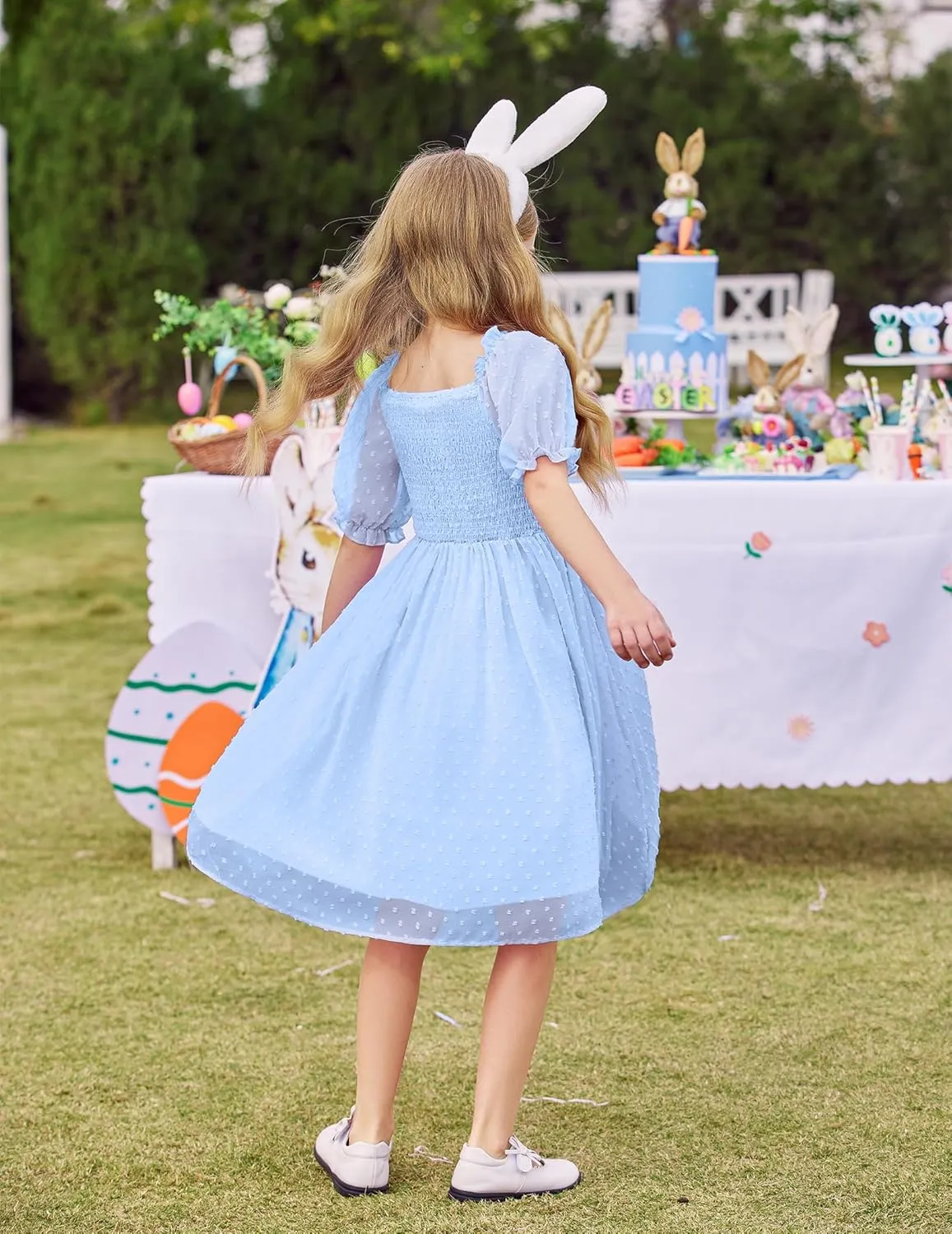 Arshiner Girls Swiss Dot Chiffon Dress Puffy Sleeve Flowy Midi Dresses