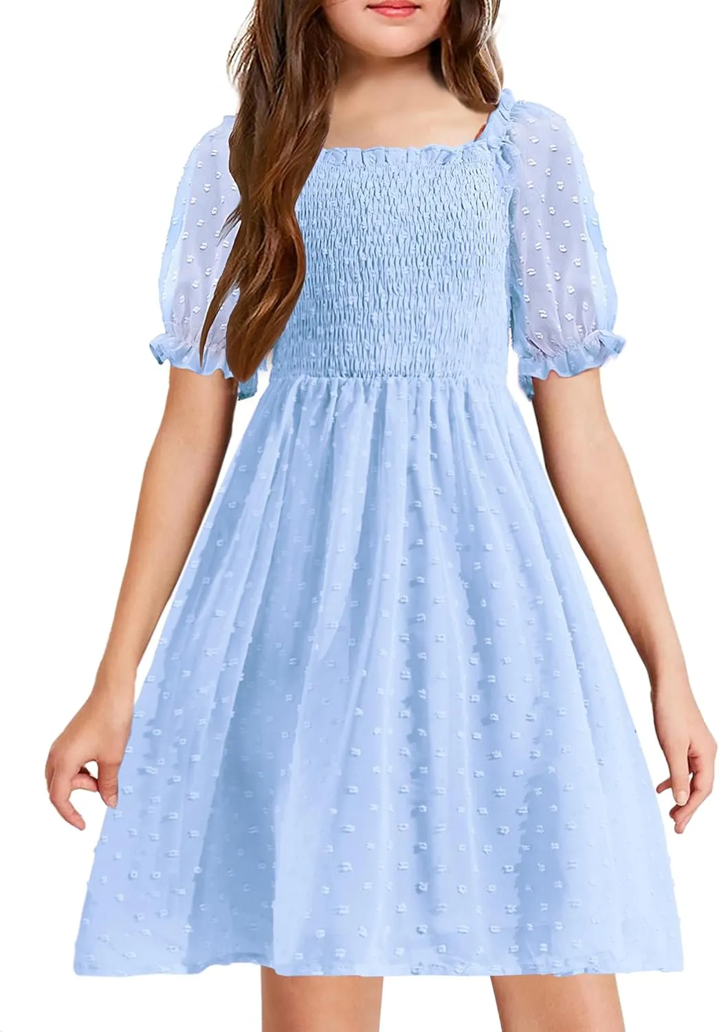Arshiner Girls Swiss Dot Chiffon Dress Puffy Sleeve Flowy Midi Dresses