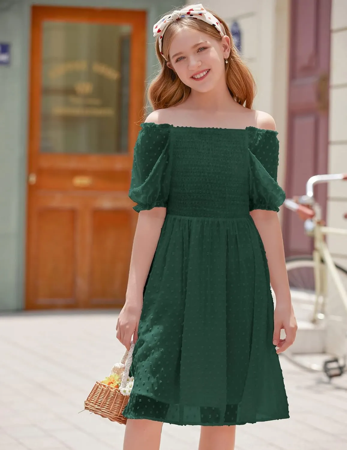 Arshiner Girls Swiss Dot Chiffon Dress Puffy Sleeve Flowy Midi Dresses