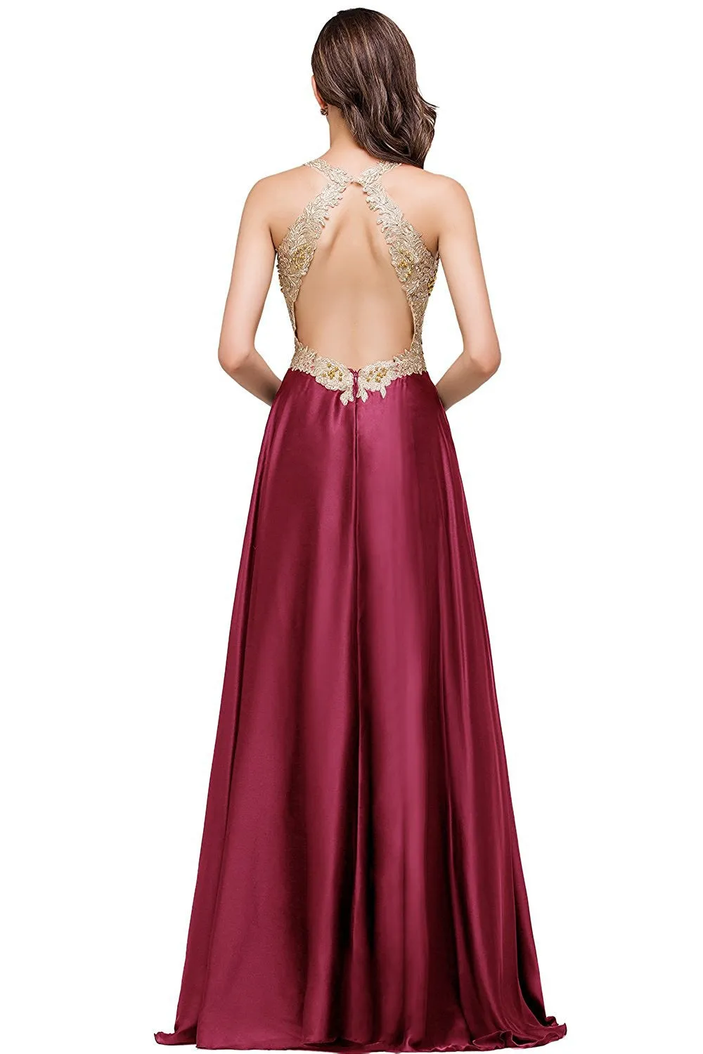 Backless Long Black and Gold Evening Dress