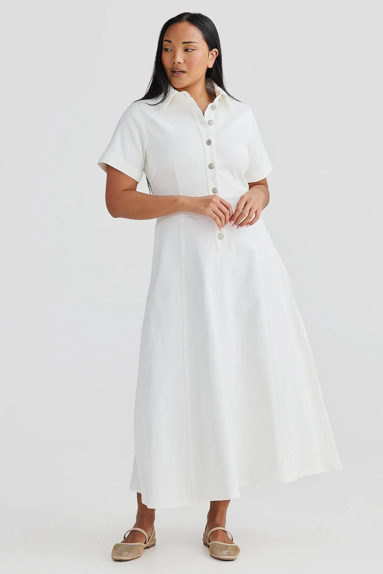 Core Denim Short Sleeve Dress - White Denim