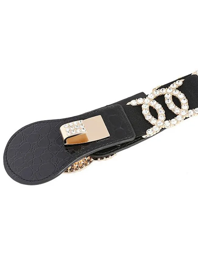 Deluxe Rhinestone Elastic Waist Cincher Belt with Golden Alloy Buckle Waist Belt