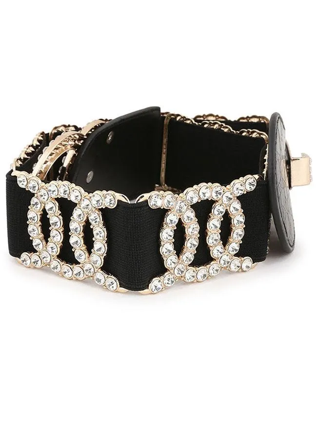 Deluxe Rhinestone Elastic Waist Cincher Belt with Golden Alloy Buckle Waist Belt
