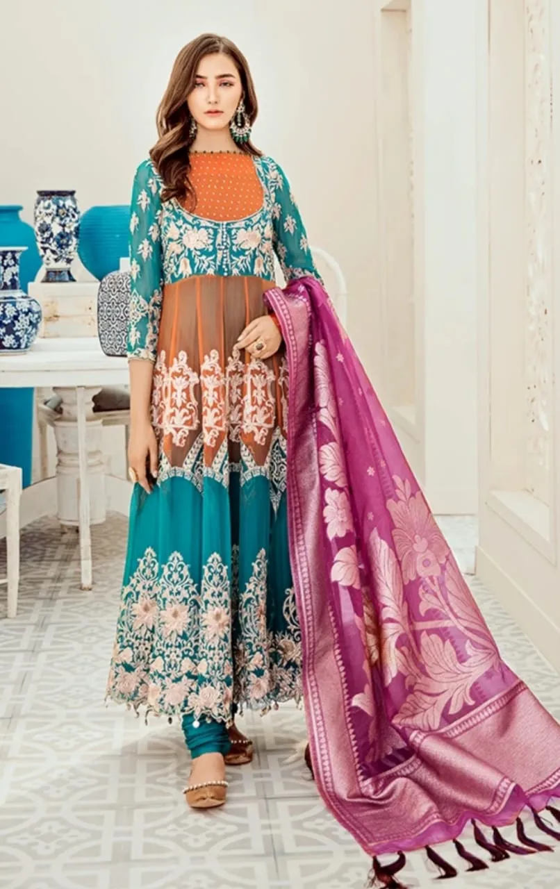 Embroidered Chiffon Party Frock in Sea Green Color #Y2076