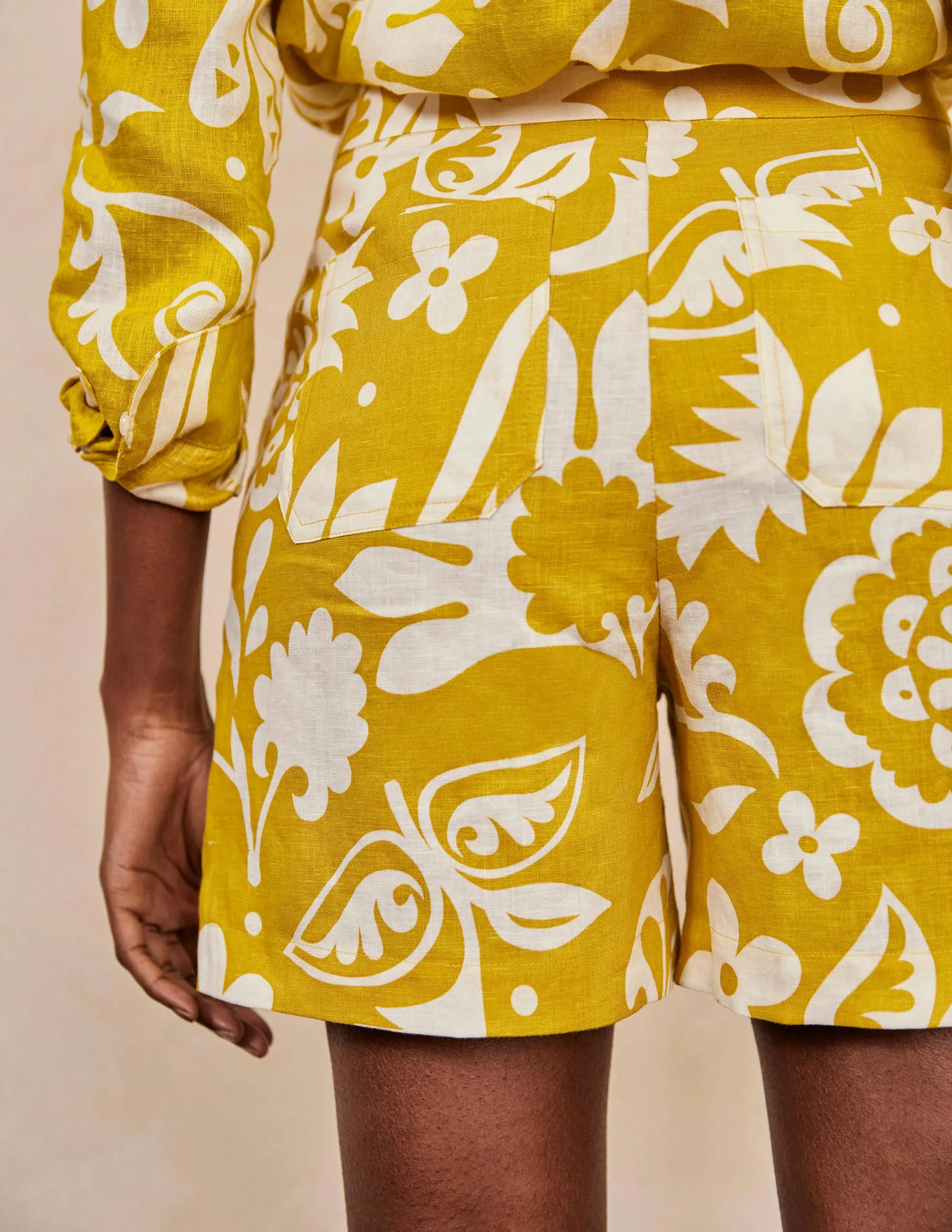 Georgina Linen Shorts-Chartreuse, Garden Tropic