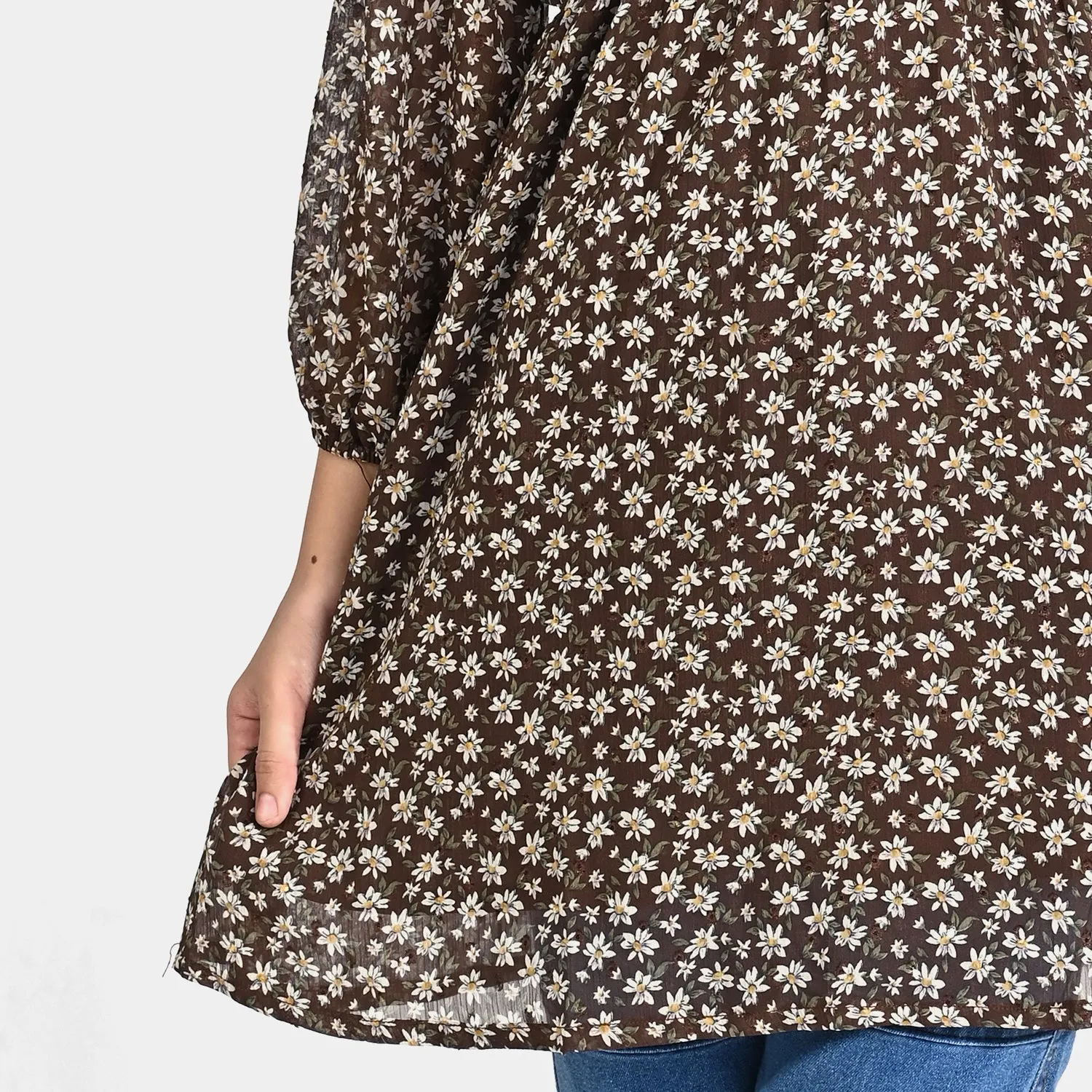 Girls Chiffon Casual Frock Mock Neck-BROWN