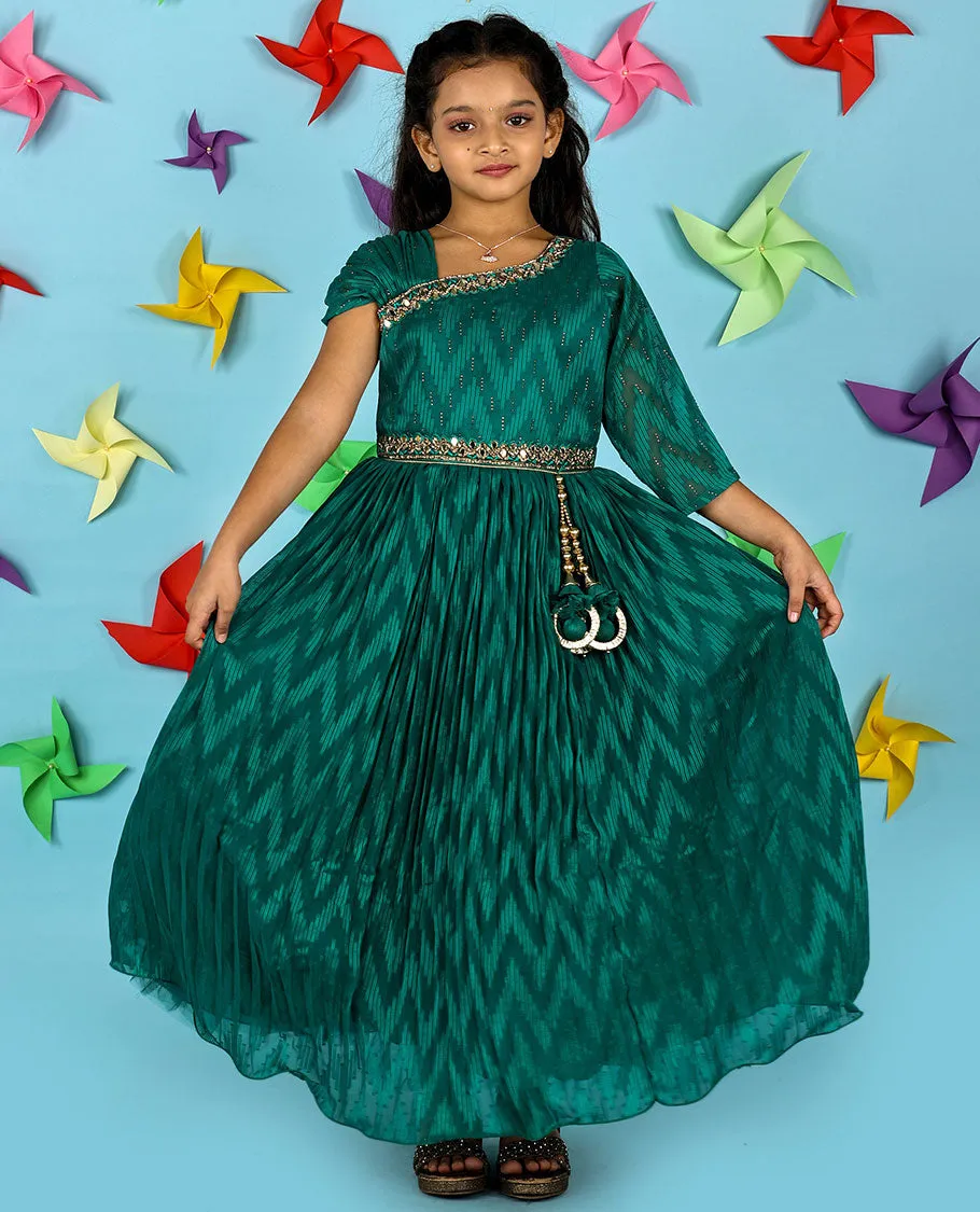 Green chevron design & intricate embroidered chiffon material gown with short sleeve right hand & 3/4th left hand
