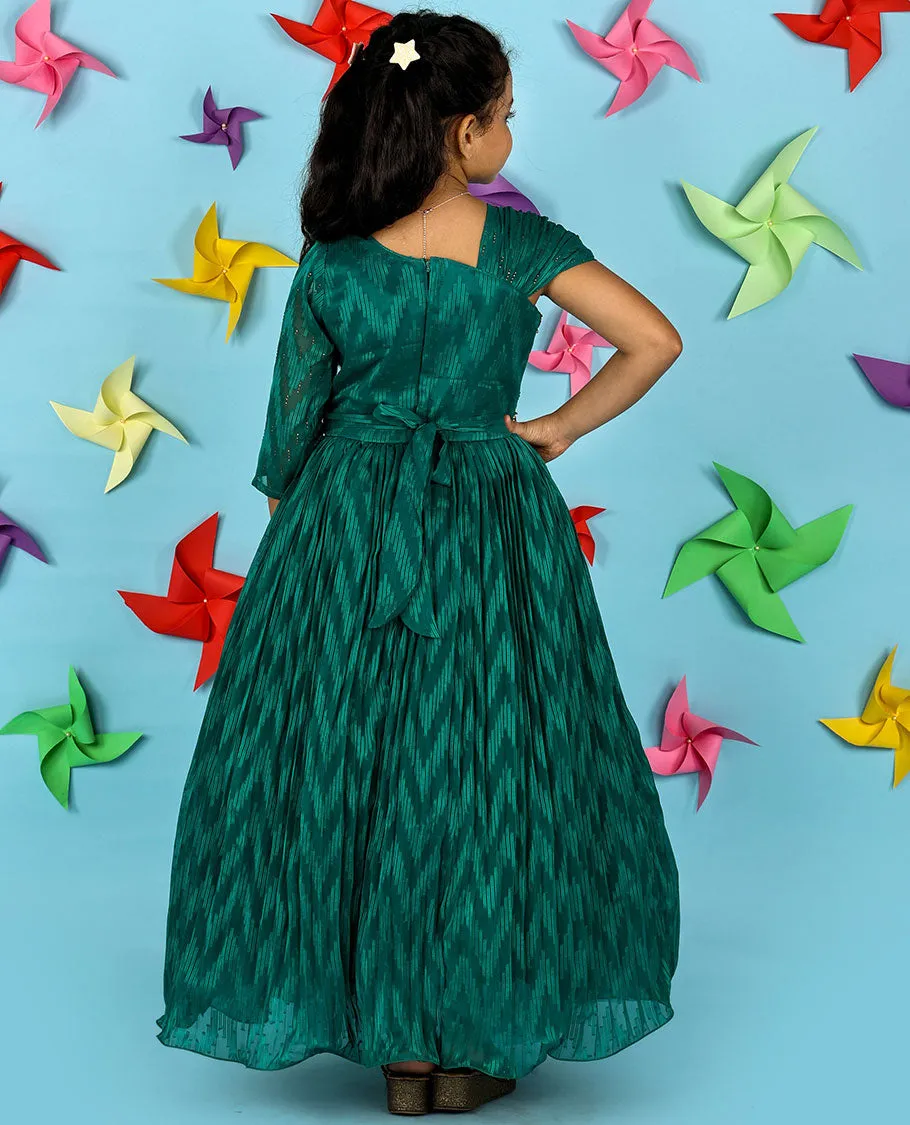 Green chevron design & intricate embroidered chiffon material gown with short sleeve right hand & 3/4th left hand