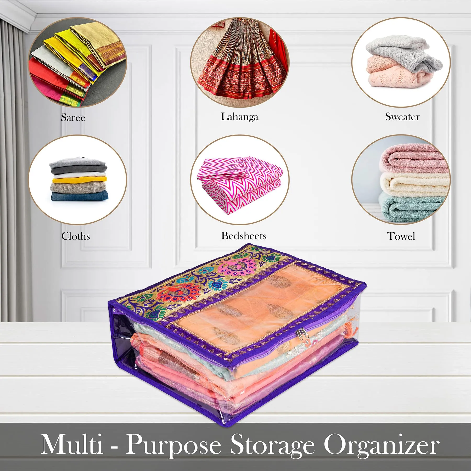 Kuber Industries Saree Cover | Clothes Storage Bag | Storage Organizer Bag | Zip Closure Saree Cover | Wardrobe Organizer | Carry Half Lace Transparent Saree Cover | 6 Inch | Pack of 2 | Royal Blue