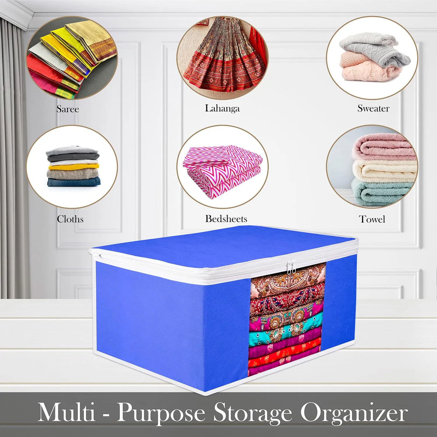 Kuber Industries Saree Cover | Zip Closure Saree Cover | Clothes Storage Bag | Wardrobe Organiser for Suit | Transparent Window Saree Cover | Plain-White Border | 9 inch | Pack of 12 | Blue