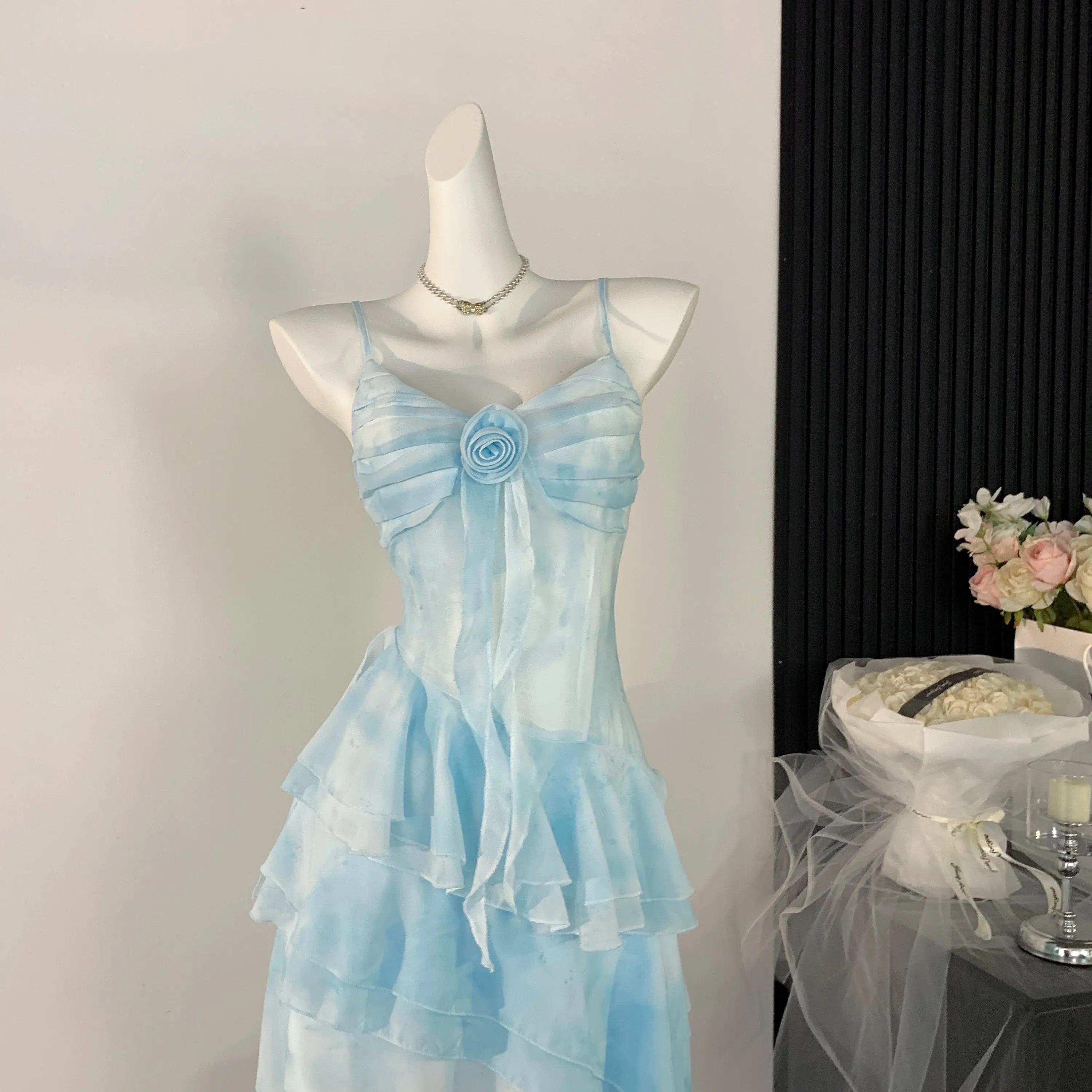 MQTIME  -  Women's Blue A-line Chiffon Dress Elegant Mini Dress Vintage Y2k Sleeveless Off Shoulder One Piece Frocks 2000s Clothes Summer