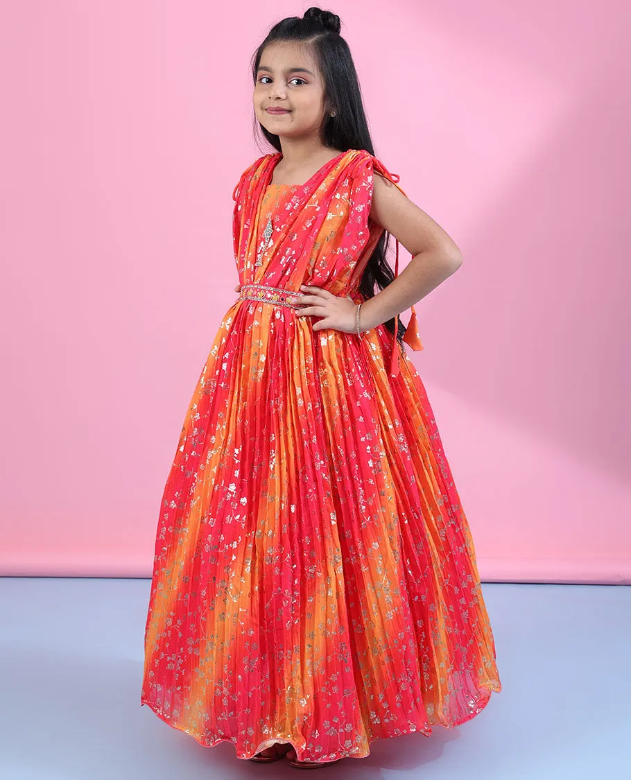 Multi-color floral vine foil printed & stone work short sleeve readymade pleated chiffon frock