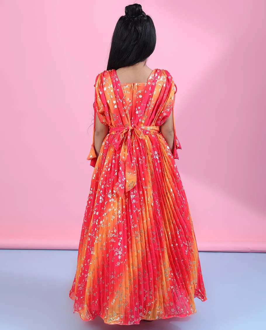 Multi-color floral vine foil printed & stone work short sleeve readymade pleated chiffon frock