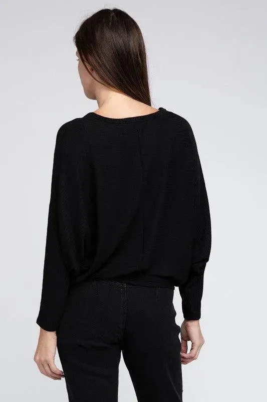 Ribbed Batwing Long Sleeve Boat Neck Sweater