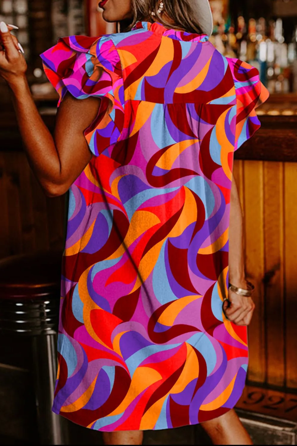 Ruffled Cap Sleeve Mini Dress with Contrast Print
