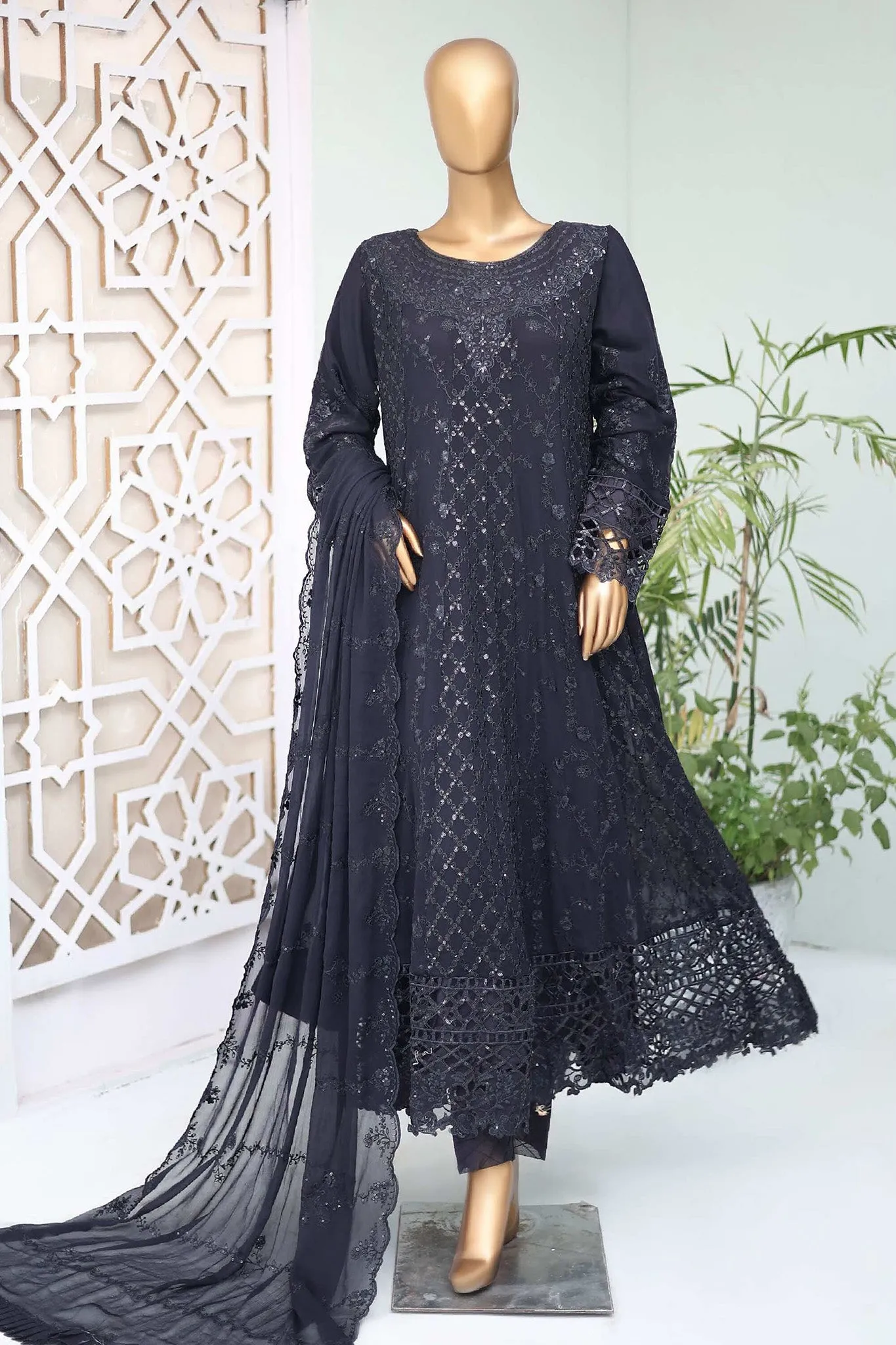 Shazlin By Bin Saeed Stitched 3 Piece Emb Chiffon Frocks Collection'2024-OWSC-990-Navy Blue