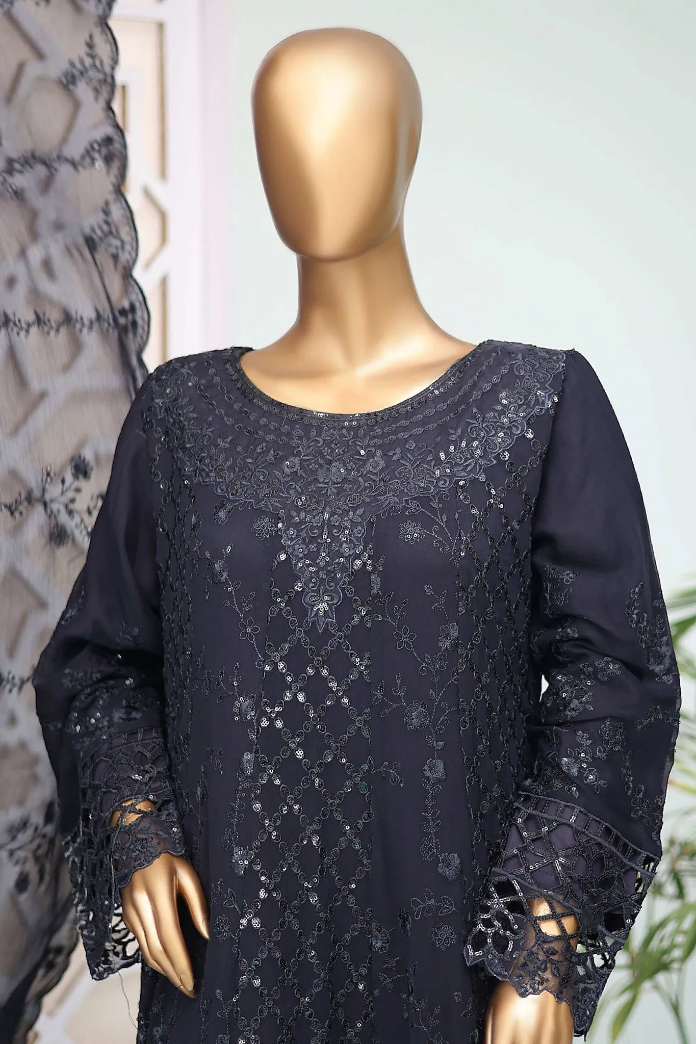 Shazlin By Bin Saeed Stitched 3 Piece Emb Chiffon Frocks Collection'2024-OWSC-990-Navy Blue