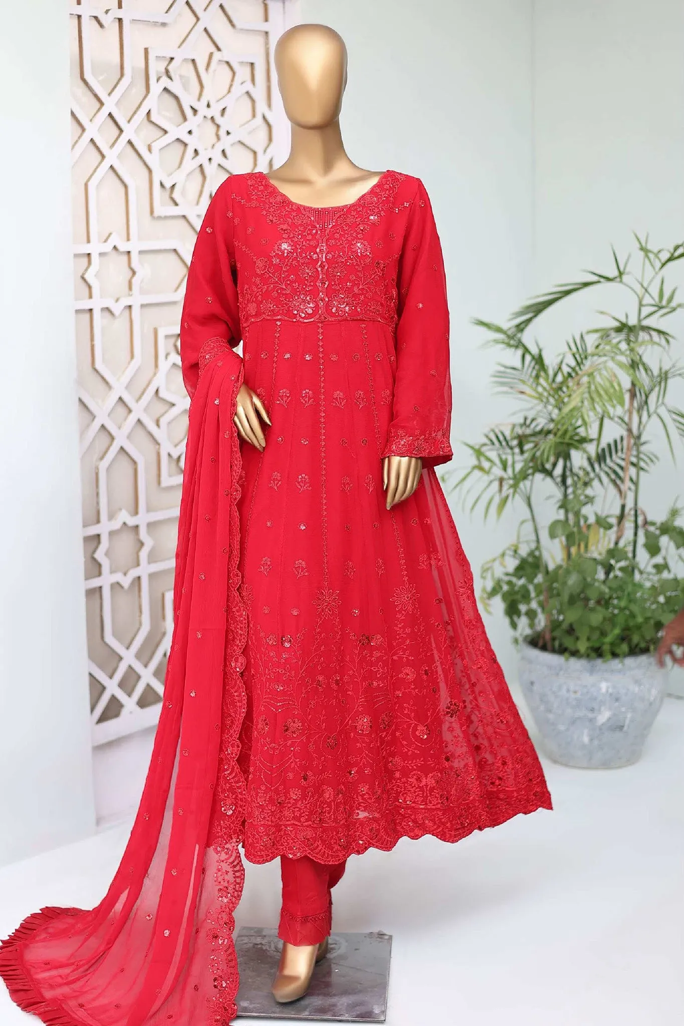 Shazlin By Bin Saeed Stitched 3 Piece Emb Chiffon Frocks Collection'2024-RTSC-994-Red