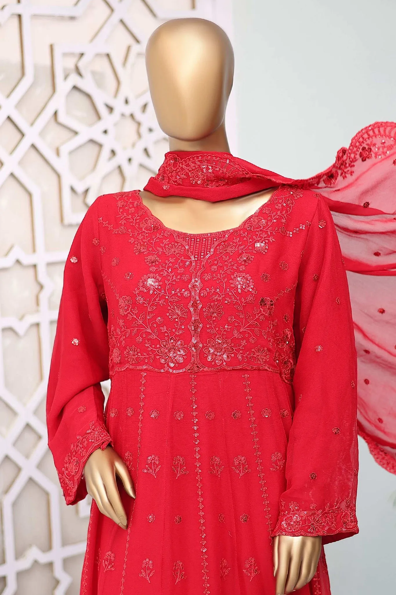 Shazlin By Bin Saeed Stitched 3 Piece Emb Chiffon Frocks Collection'2024-RTSC-994-Red