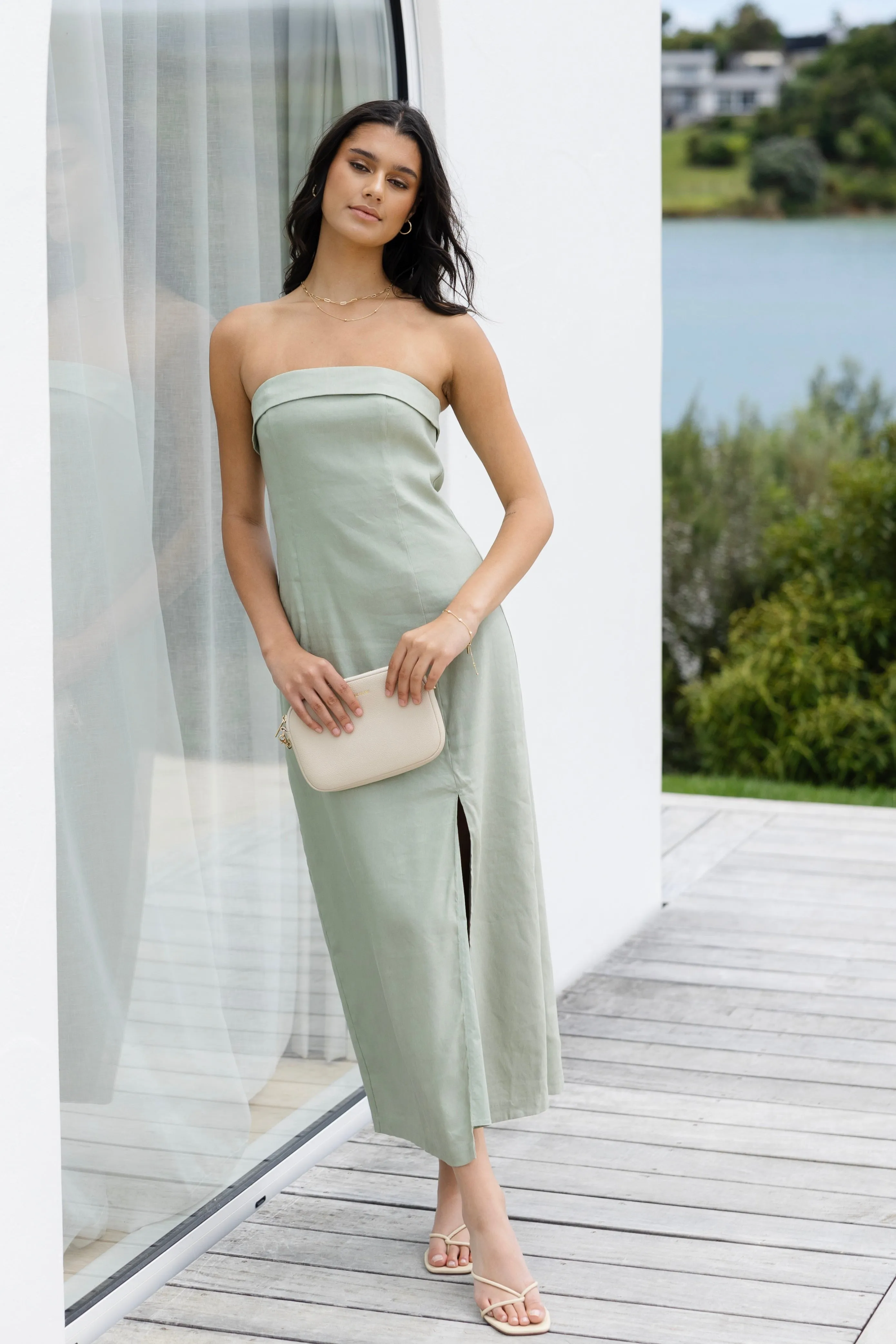 Swell Sage Linen Blend Strapless Maxi Dress