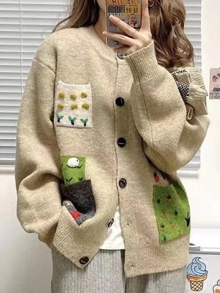 Wenkouban-Spring Casual Outfits Y2K Outfits Pocket Jacquard Button Front Cardigan